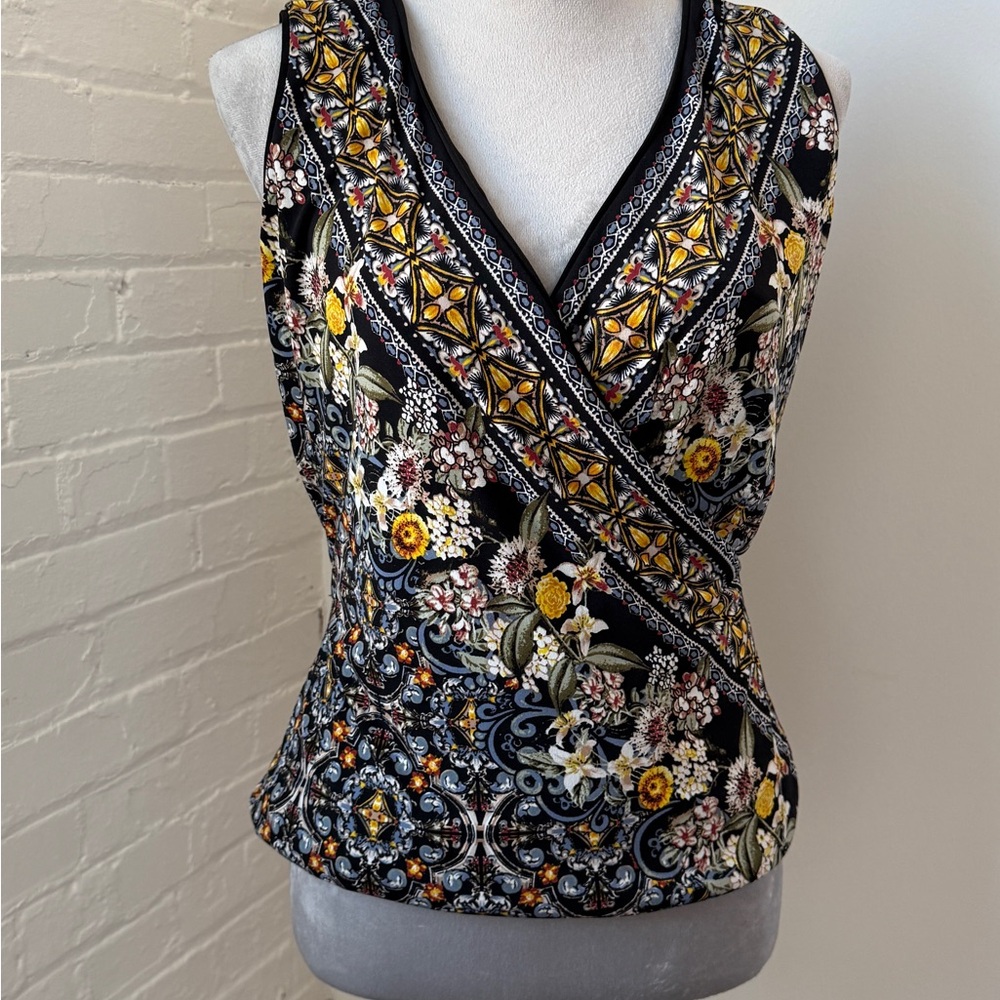White House Black Market Black Floral Wrap Tank with Yellow Accents
